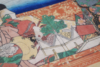 Plateau et nourriture dans une estampe japonaise originale de Yoshitora évoquant un pique-nique hanami raffiné