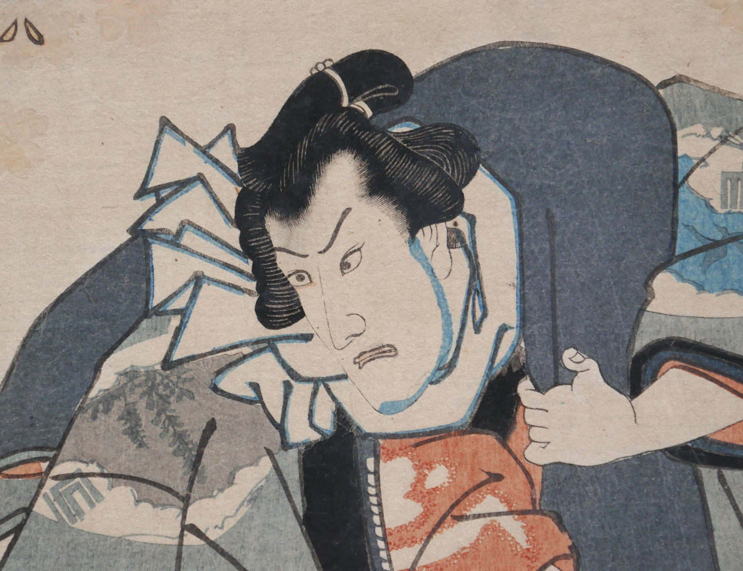 Portrait d’acteur kabuki dans une estampe ukiyo-e yakusha-e de Kunisada montrant l’expression dramatique du théâtre japonais