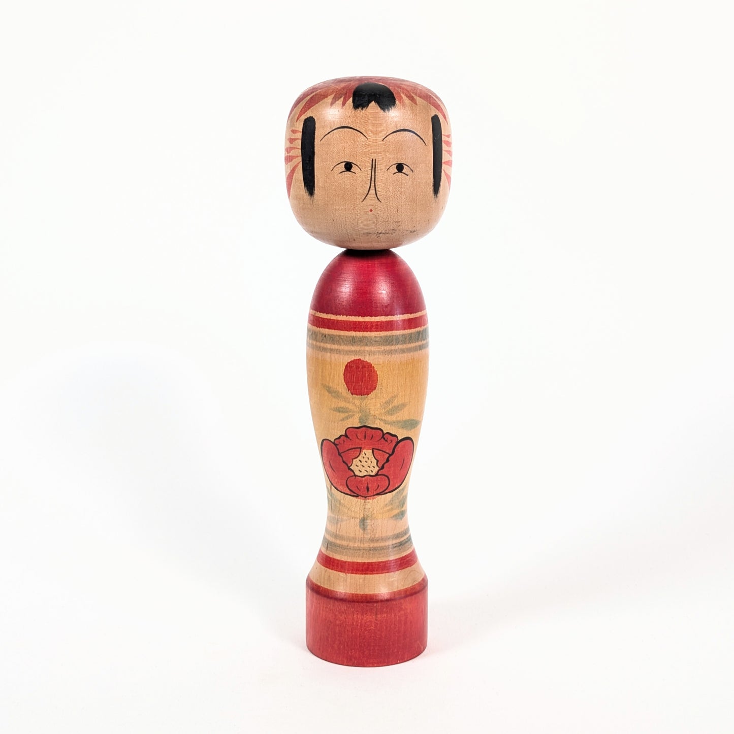 Poupée japonaise en bois, kokeshi traditionnelle Zao Takayu signée Kimura Yusuke avec décor floral