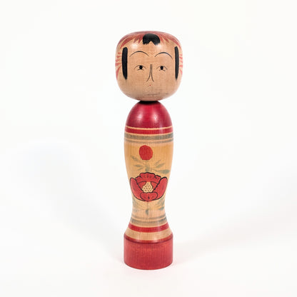 Poupée japonaise en bois, kokeshi traditionnelle Zao Takayu signée Kimura Yusuke avec décor floral