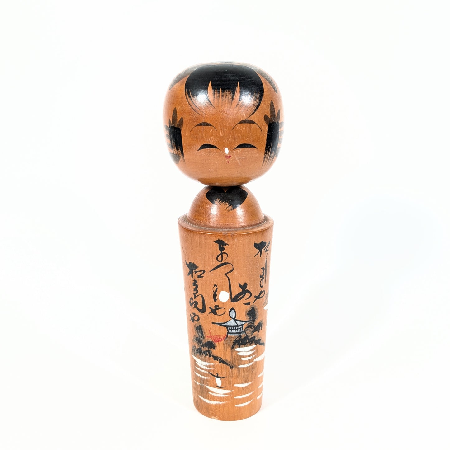 Kokeshi japonaise vintage – Souvenir Omiyage お土産 – Pagode et calligraphie – 24 cm