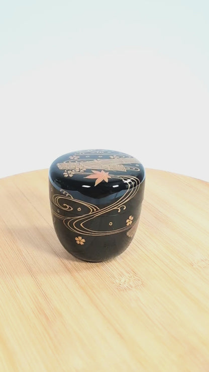 video de présentation d'un natsume à motif hanaikada maki-e, coffret tomobako signé 宗廣造, artisan probablement  Michiba Sōkō