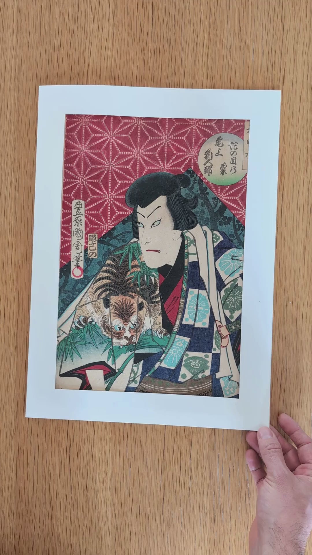 video de présentation du portrait d’acteur de kabuki Onoe Kikugorō, estampe ukiyo-e authentique par Toyohara Kunichika, art japonais ancien de l’époque Meiji.
