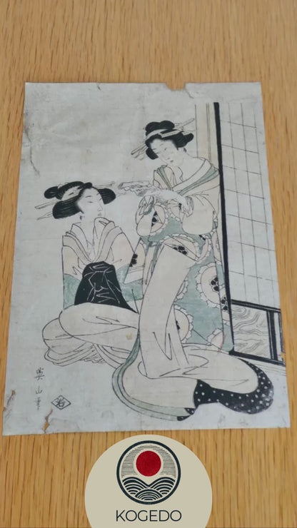 Estampe japonaise originale – Kikugawa Eizan – Deux courtisanes lisant un rouleau – Edo 1820-1830