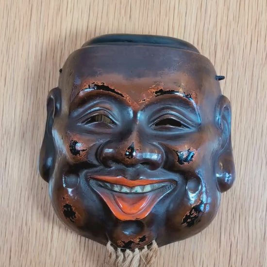 Masque japonais de Daikoku 大黒 en laque sèche kanshitsu, présenté sous plusieurs angles pour montrer le relief du visage, la finition rouge-noir de type Negoro, la barbe en fibres végétales et le revers textile.