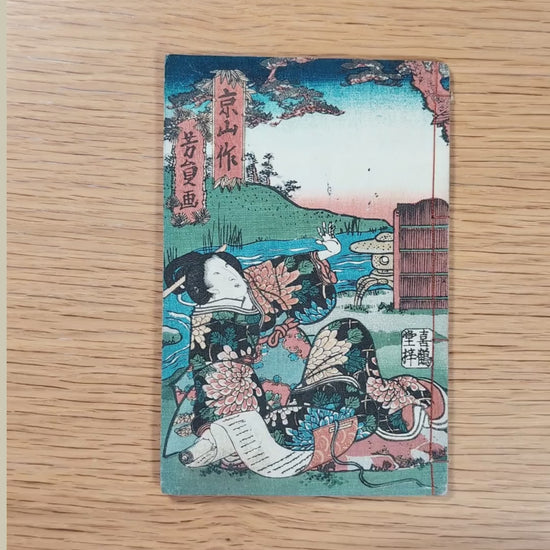 Vidéo de présentation du Kinsei Bijin-roku, manga Edo original et livre japonais ancien illustré par Utagawa Yoshikazu, avec estampes sur bois, scènes de bijin, Kiyokawa au naginata et catalogue Kikakudō.