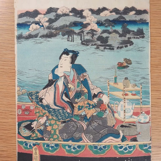 Présentation de l’estampe ôban originale Fête du printemps en bateau, par Kunisada Toyokuni III, Japon, 1852