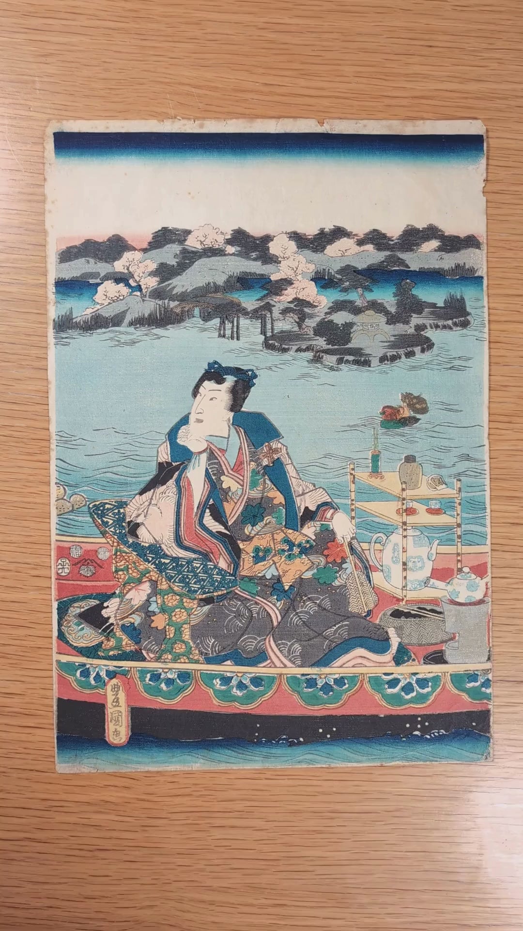 Présentation de l’estampe ôban originale Fête du printemps en bateau, par Kunisada Toyokuni III, Japon, 1852