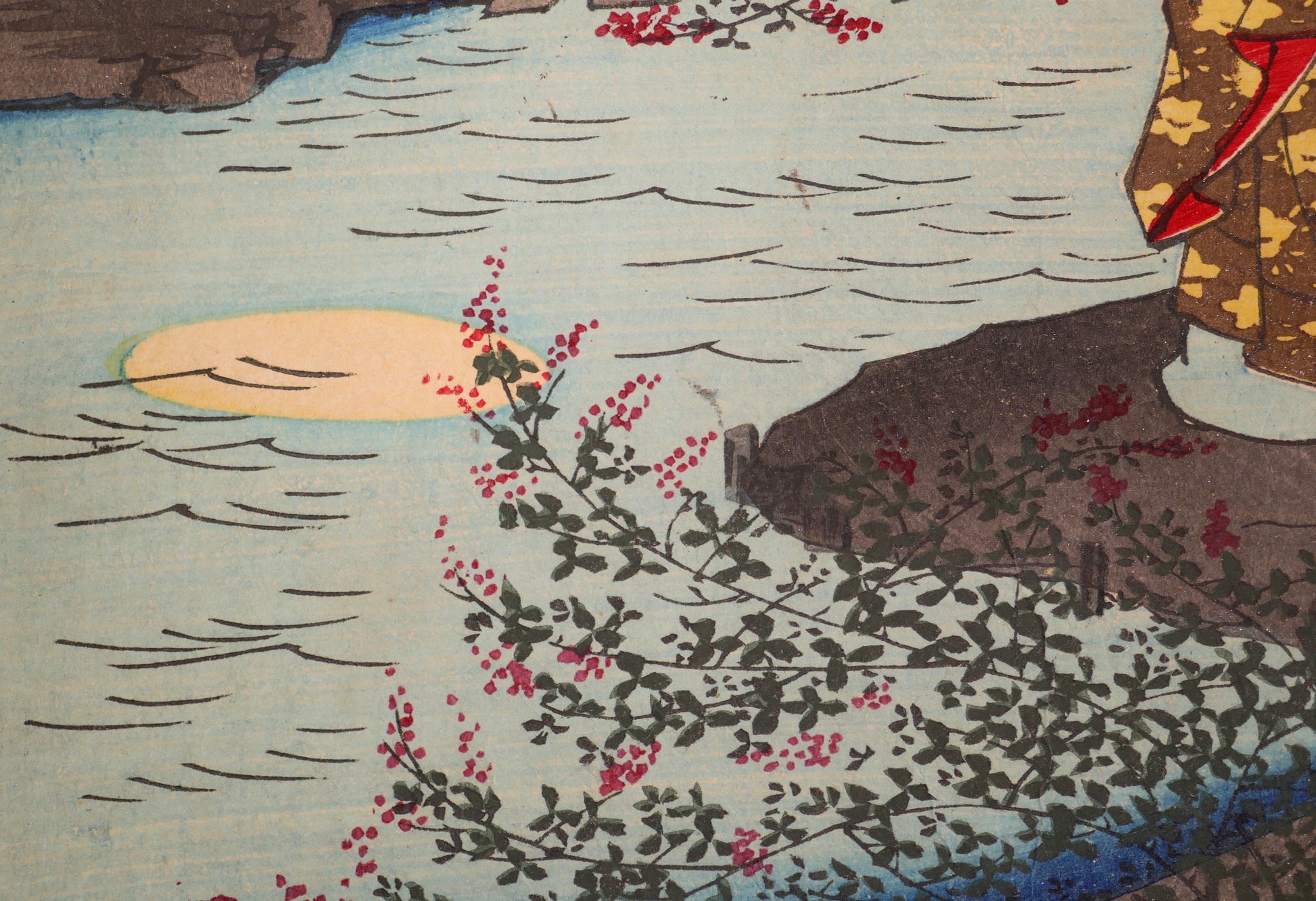 Reflet de lune et fleurs de hagi sur la rivière Tama de Noji, détail d’une gravure sur bois japonaise authentique de Ando Hiroshige.