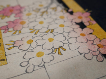 Détail des fleurs de sakura dans une estampe nishiki-e de Kunisada représentant le samouraï Nagoya Sanza, gravure japonaise polychrome originale de 1861.