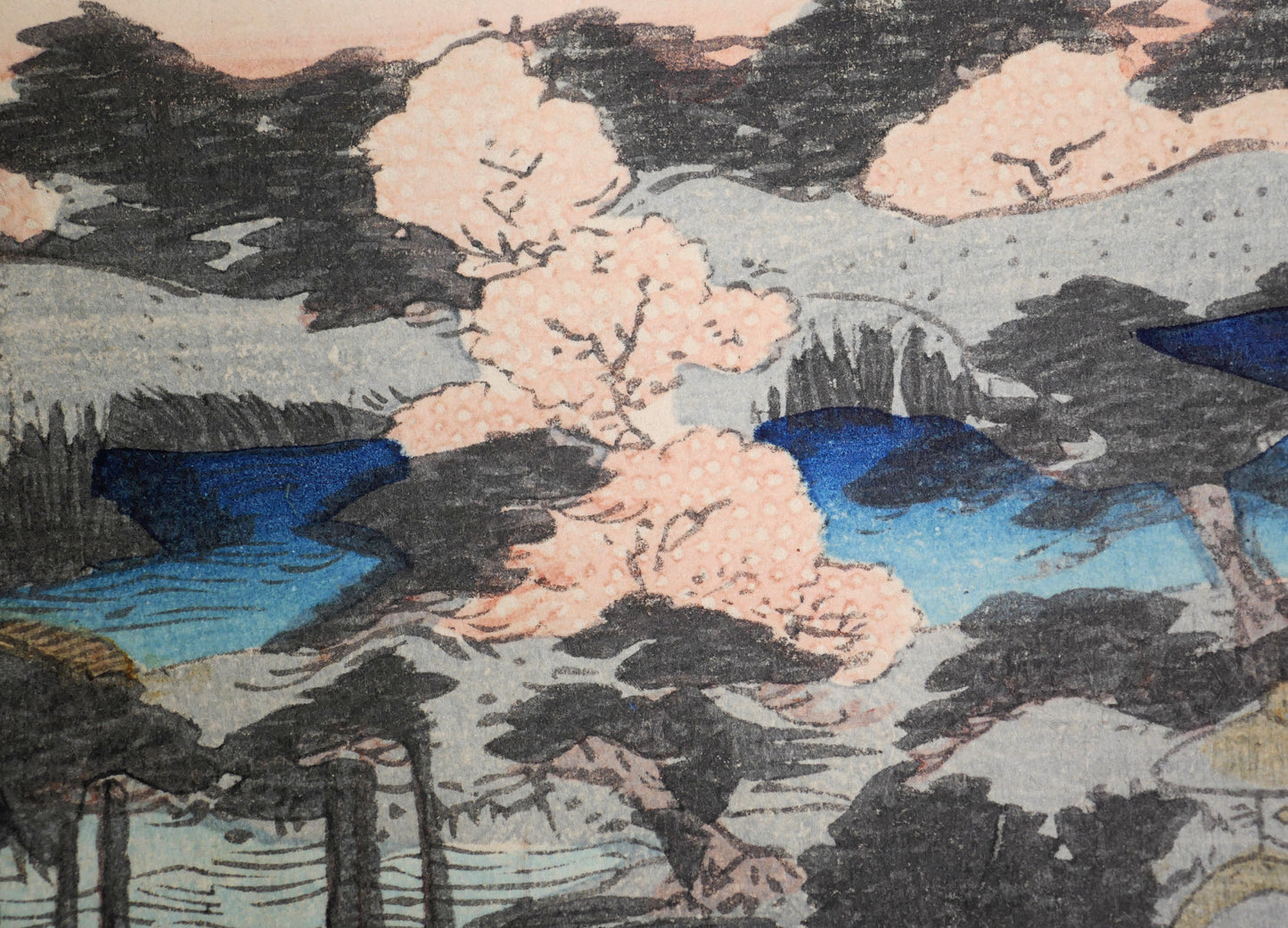 Sakura en fleurs au bord de l’eau, paysage printanier fūzoku-ga dans une estampe de Kunisada