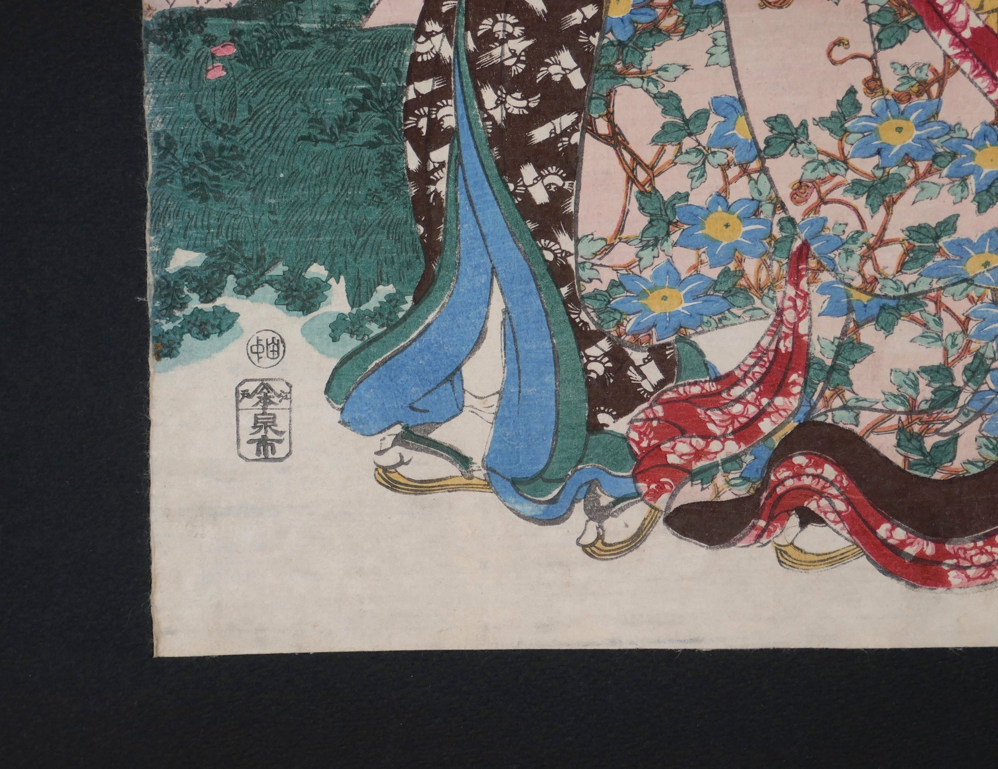 Détail des sceaux de l’estampe Edo originale, éditeur Kansendo et sceau nanushi Tanaka sur une œuvre de Kunisada
