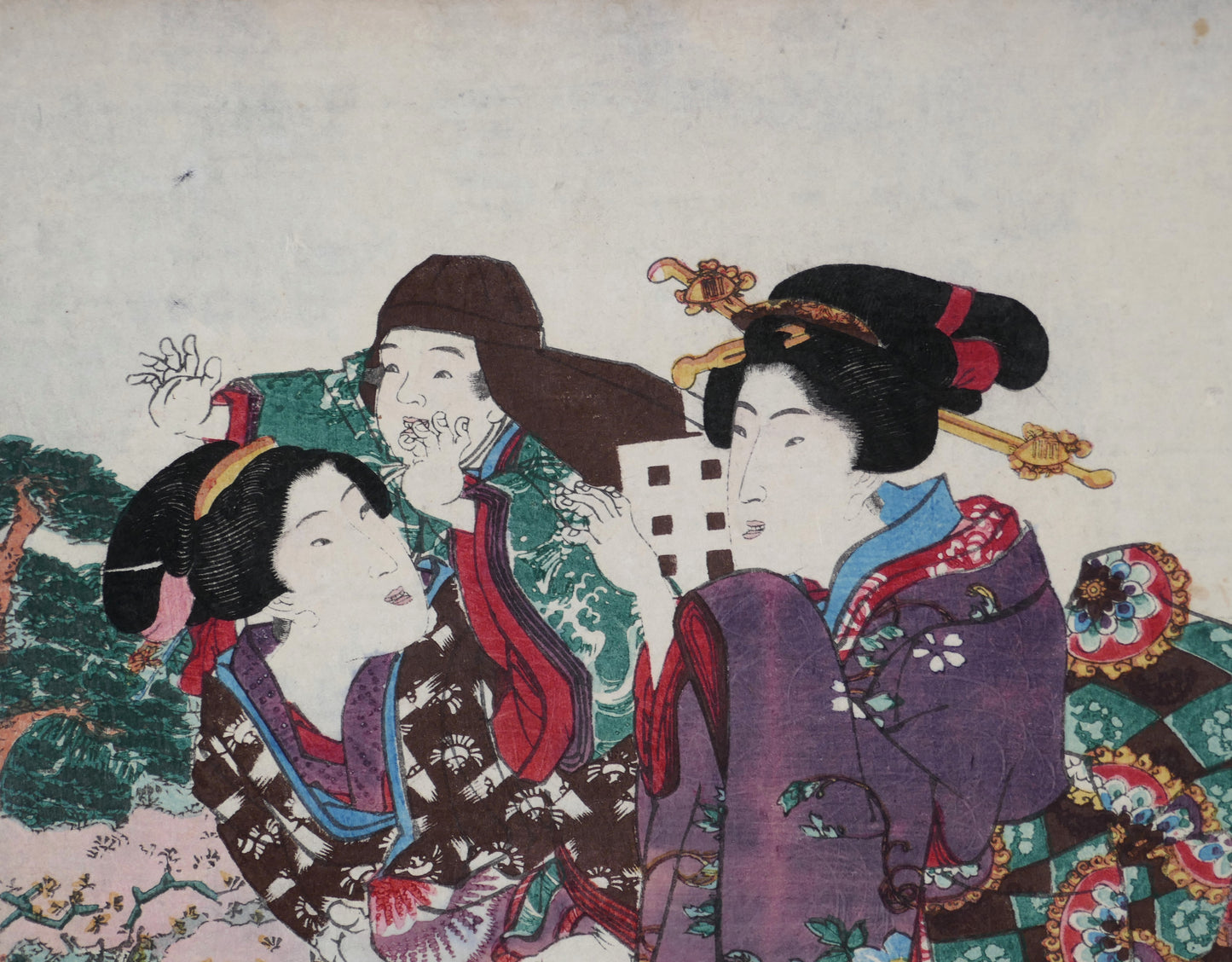 Scène bijin-ga avec deux femmes en kimono et un enfant dans un jardin japonais, gravure sur bois originale de Kunisada