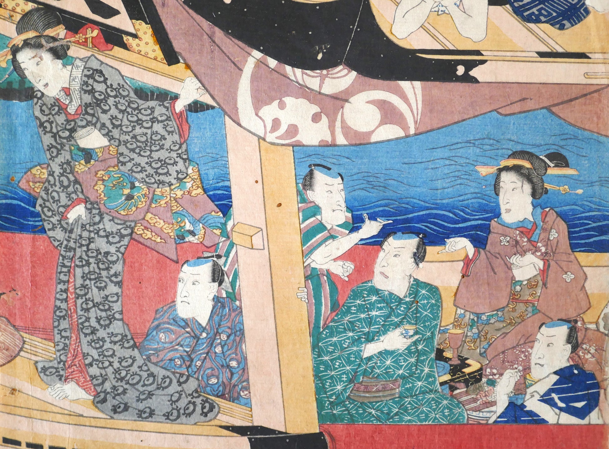 Scène festive de kabuki sur bateau de plaisance Ôiri-maru, estampe ukiyo-e originale d’époque Edo par Utagawa Kunisada