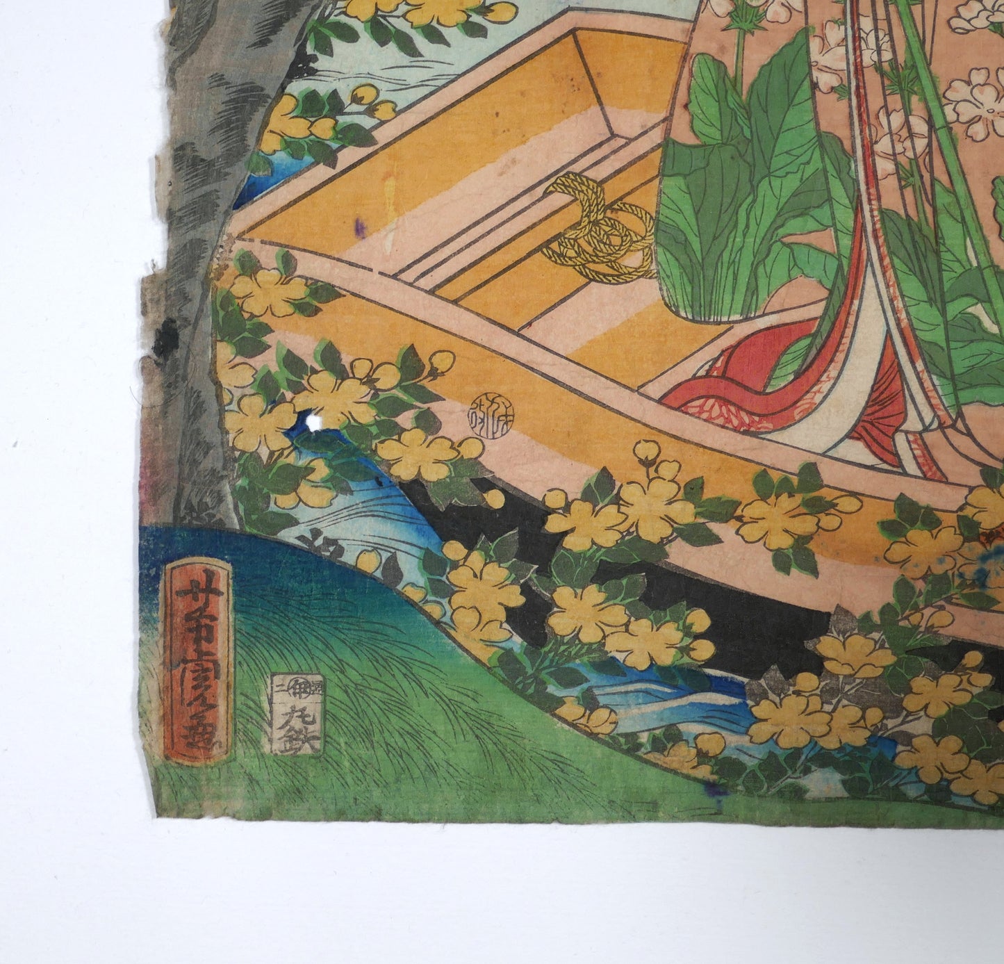 Signature Yoshitora ga et sceau de l’éditeur Maruya Tetsujiro sur une estampe japonaise ancienne ukiyo-e