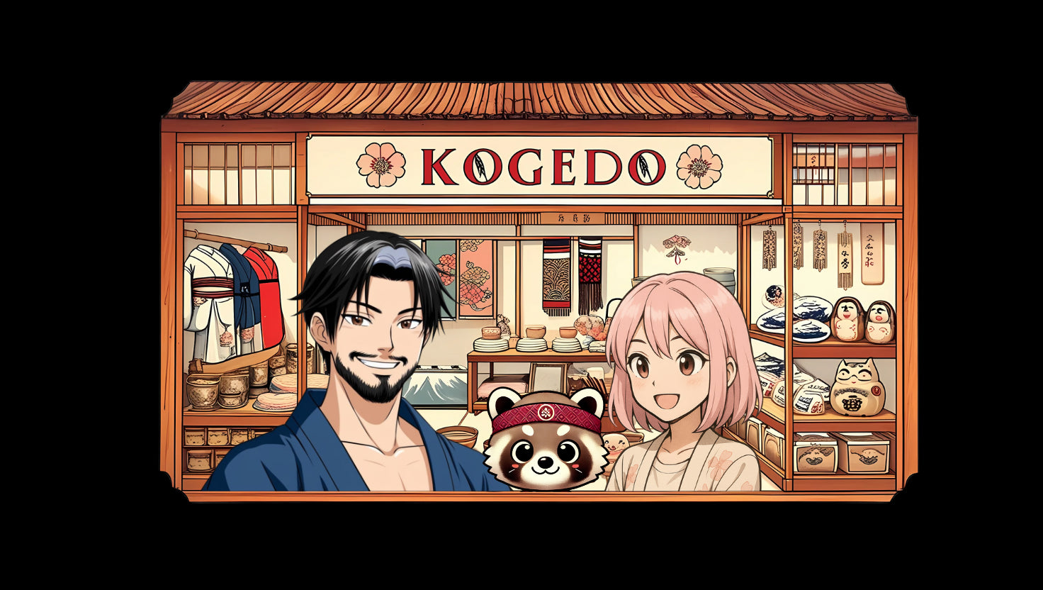 toma mikan et kogechan devant leur brocante kogedo, une boutique qui vend des obi kimono estampes, arts de la table maneki neko