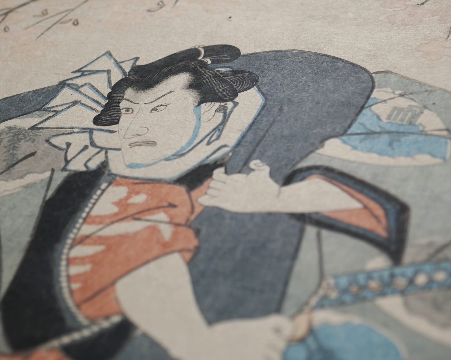 Gros plan du visage d’un acteur kabuki dans une estampe ukiyo-e yakusha-e de Toyokuni III Kunisada