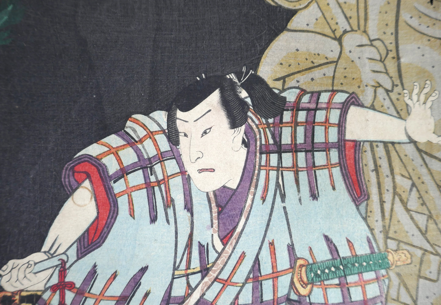 Portrait de l’acteur Sawamura Tosshō II interprétant Kageyama Shigenojō, estampe kabuki japonaise par Toyokuni III Kunisada, 1859.