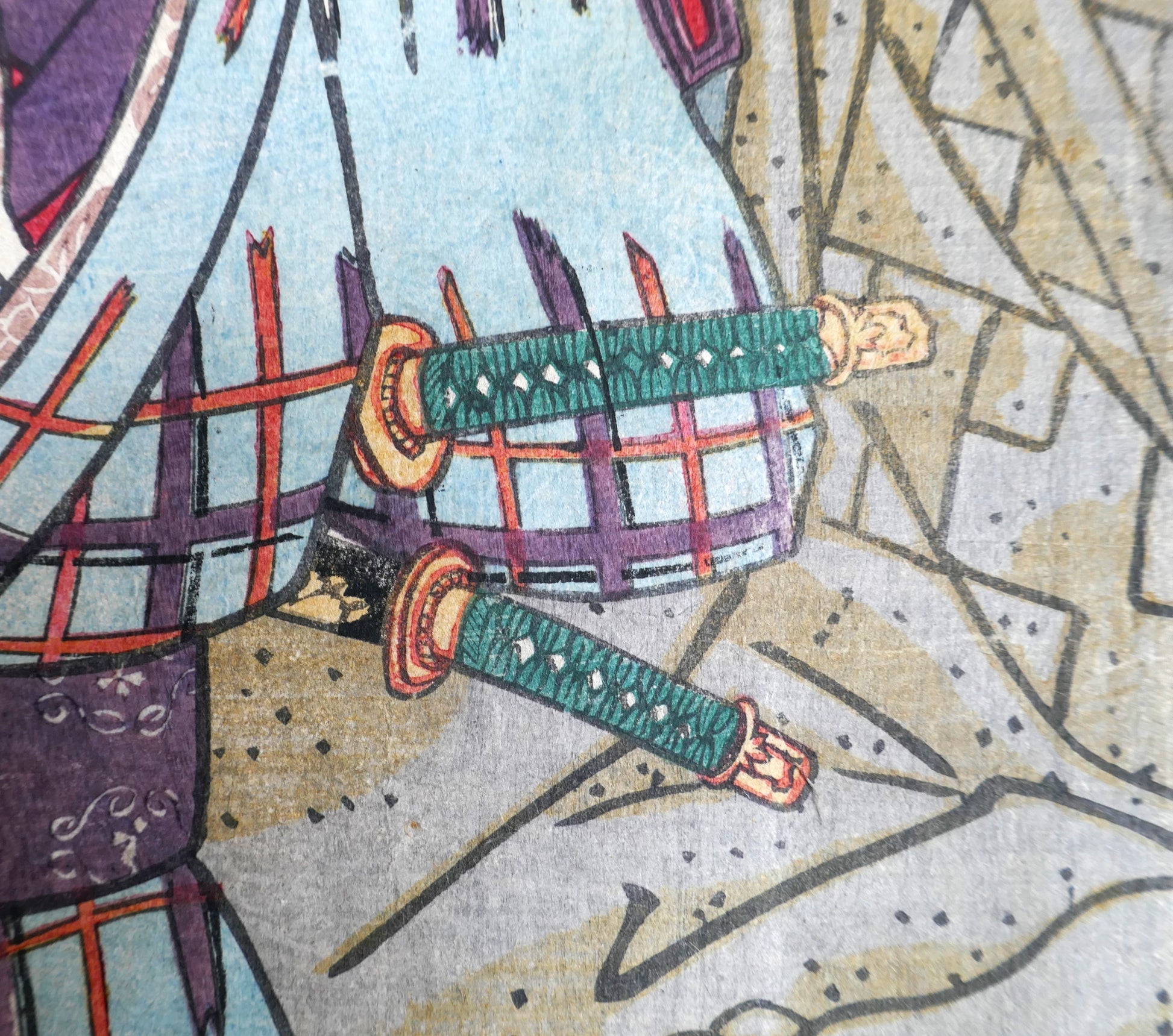 Détail du daishō (paire de sabres japonais) de Sawamura Tosshō II interprétant Kageyama Shigenojō, diptyque kabuki par Toyokuni III Kunisada, 1859.