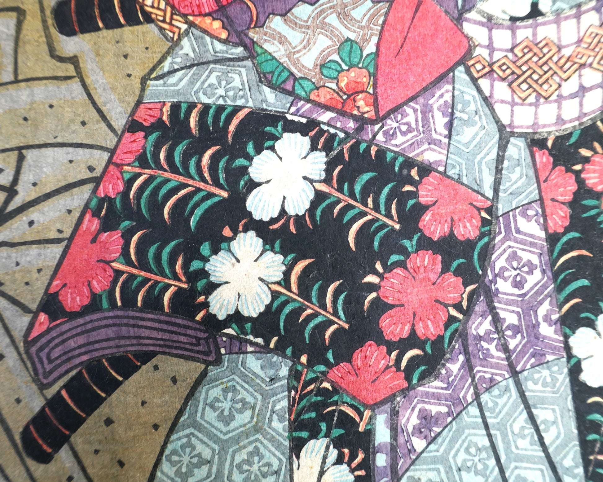 Détail du kimono fleuri porté par l’acteur Yaegaki Monzō, estampe japonaise kabuki de Toyokuni III Kunisada, 1859.