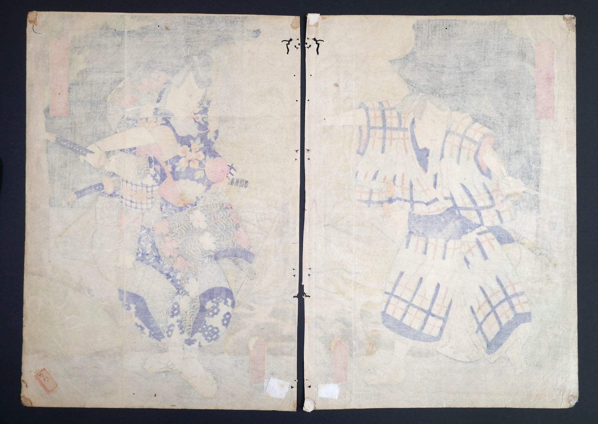 Verso du diptyque kabuki Toyokuni III Kunisada, montrant la structure du papier japonais et l’assemblage des deux planches, 1859.