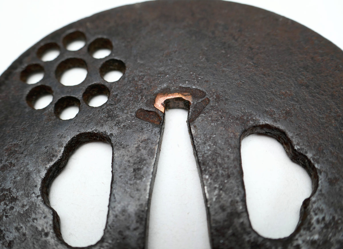 Détail d’une ancienne tsuba japonaise en fer attribuée Ko-Tōshō, tradition proche par certains caractères des anciennes Ko-Katchūshi.