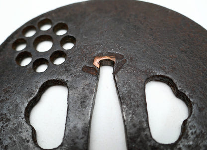 Détail d’une ancienne tsuba japonaise en fer attribuée Ko-Tōshō, tradition proche par certains caractères des anciennes Ko-Katchūshi.