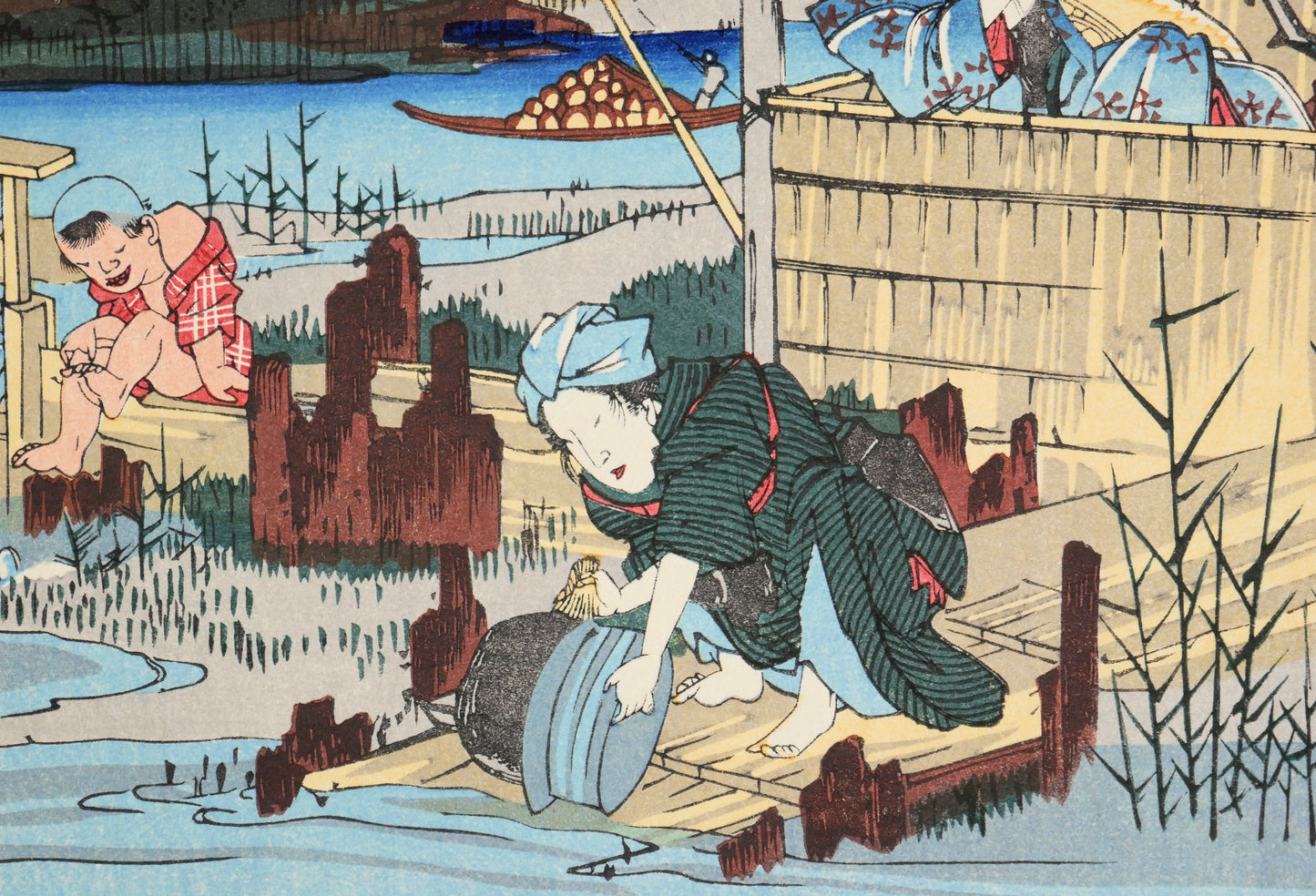 Femme en kimono au bord de la rivière Karasu, détail d’une gravure japonaise ukiyo-e par Keisai Eisen, station de Kuragano sur le Kisokaidō
