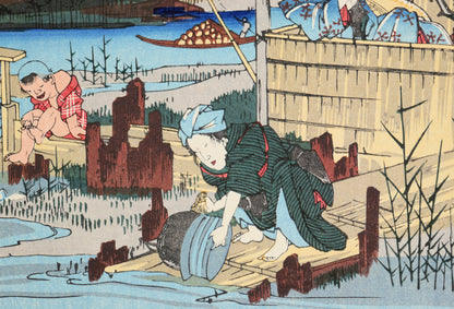 Femme en kimono au bord de la rivière Karasu, détail d’une gravure japonaise ukiyo-e par Keisai Eisen, station de Kuragano sur le Kisokaidō