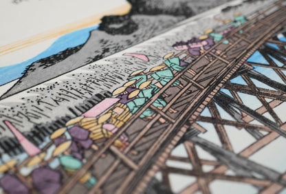Détail en perspective du pont Yahagi avec voyageurs japonais et porteurs, gravure sur bois ukiyo-e d’après Hiroshige, station Okazaki du Tōkaidō