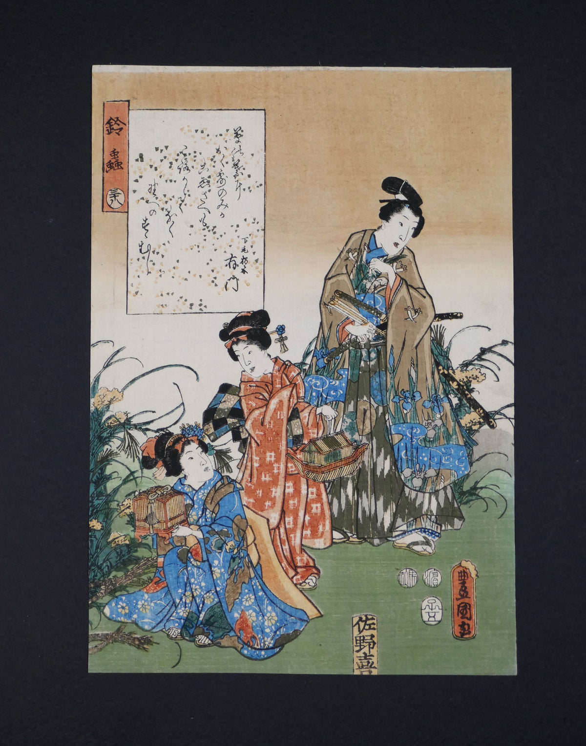 Ukiyo-e original de Kunisada représentant Suzumushi, chapitre 38 du Genji monogatari, avec Mitsuuji et deux jeunes femmes