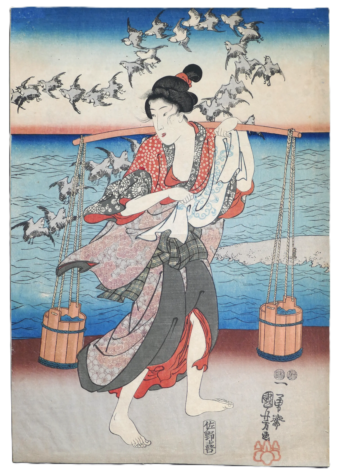 Estampe ukiyo-e de Kuniyoshi figurant une femme sur un pont au-dessus de la rivière Tamagawa, province de Mutsu