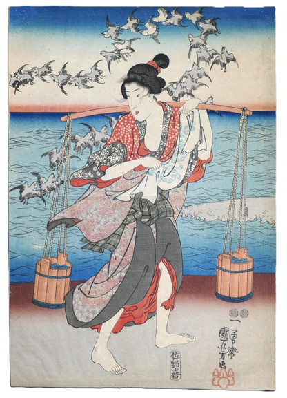 Estampe ukiyo-e de Kuniyoshi figurant une femme sur un pont au-dessus de la rivière Tamagawa, province de Mutsu
