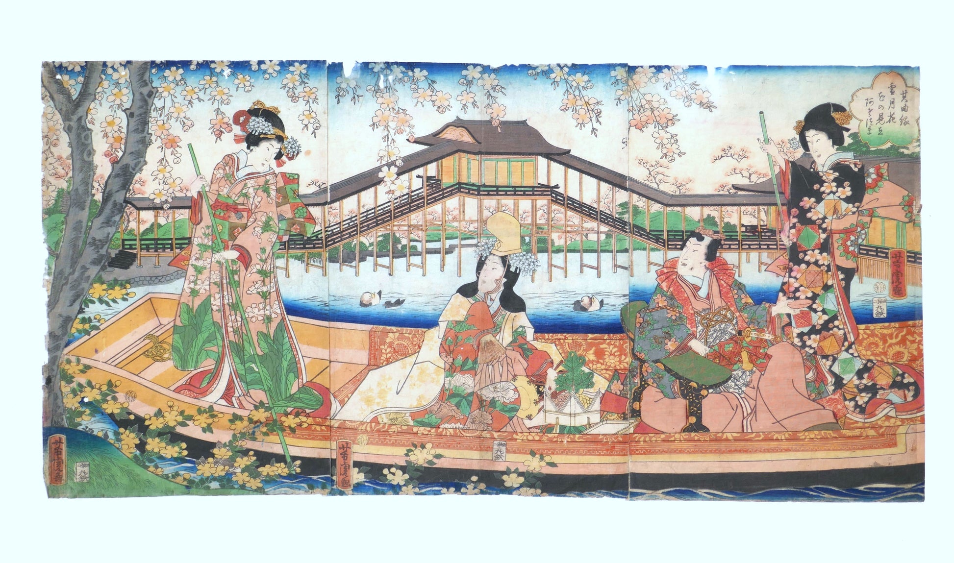 Ukiyo-e originale de Utagawa Yoshitora montrant une scène de hanami avec fleurs de cerisier et personnages élégants sur un bateau traditionnel japonais