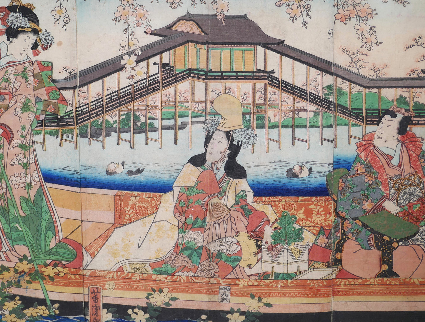 Scène inspirée du Dit du Genji dans une estampe ukiyo-e de Yoshitora avec personnage en kimono et pavillon japonais en arrière-plan