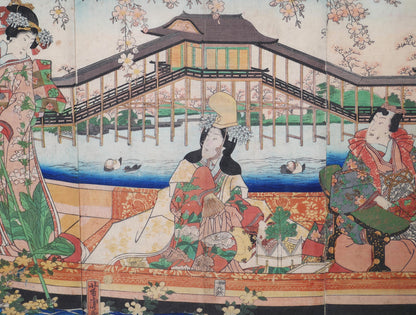 Scène inspirée du Dit du Genji dans une estampe ukiyo-e de Yoshitora avec personnage en kimono et pavillon japonais en arrière-plan