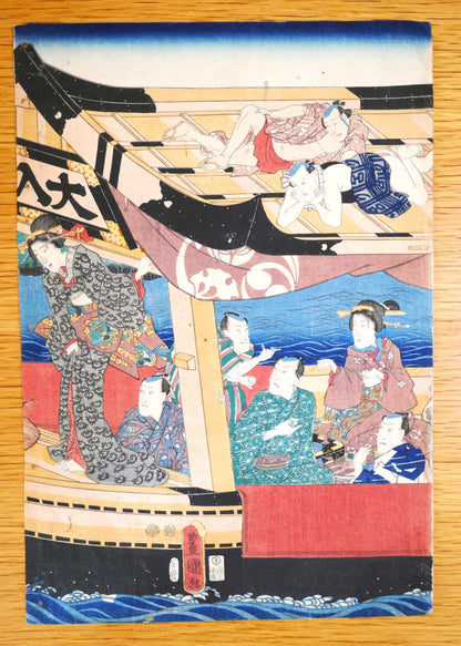 Utagawa Kunisada Toyokuni III, Ôiri-maru, estampe japonaise originale Edo représentant des acteurs de kabuki sur un bateau de plaisance