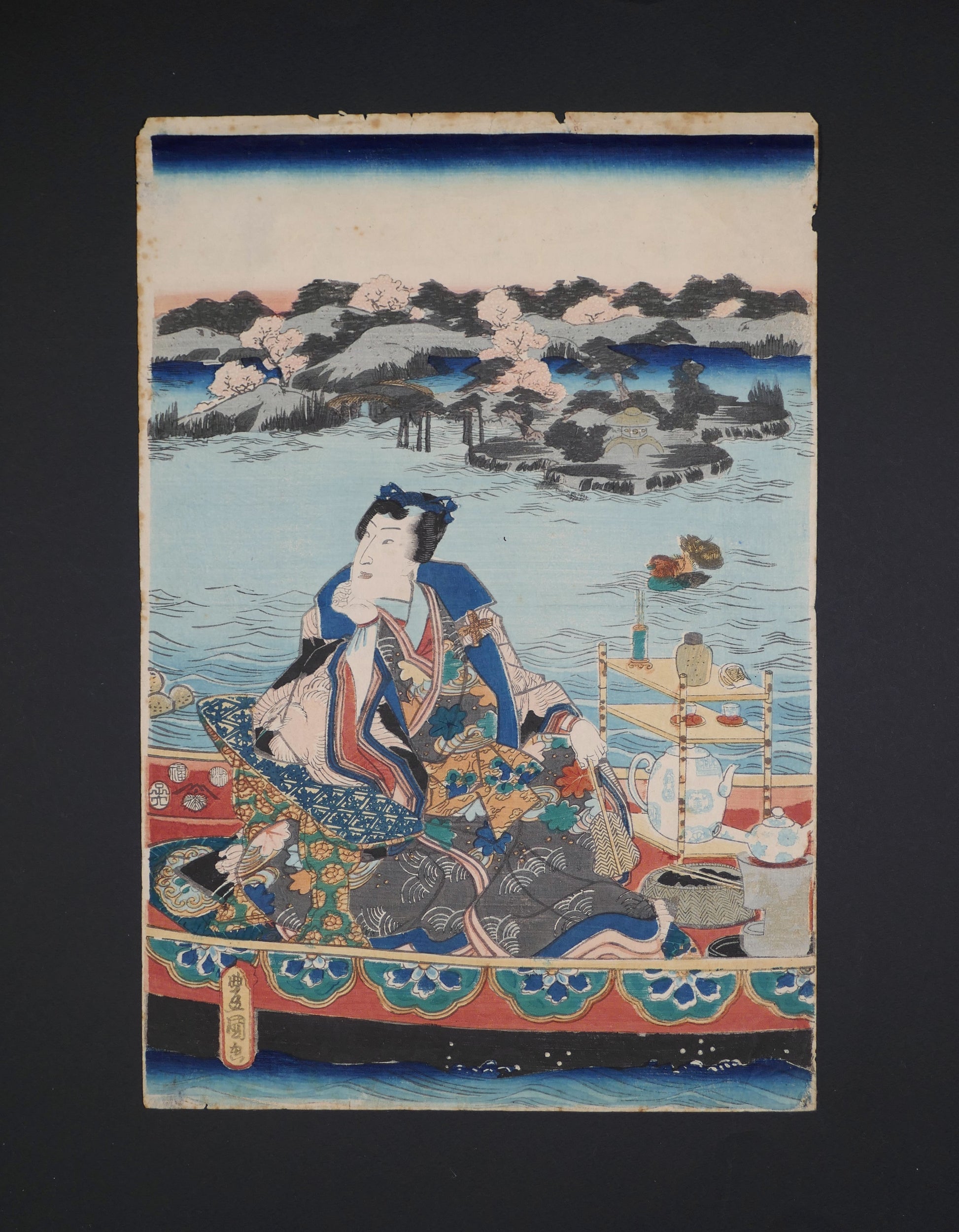 Ukiyo-e original de Kunisada Toyokuni III, Suijuntō haru no funa-asobi, fête printanière en bateau