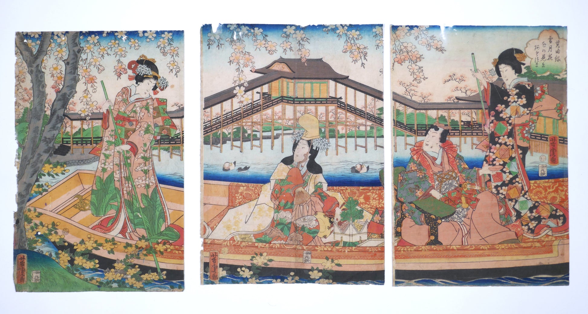Estampe japonaise triptyque Utagawa Yoshitora hanami bateau Asazuma époque Edo