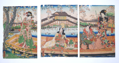 Estampe japonaise triptyque Utagawa Yoshitora hanami bateau Asazuma époque Edo