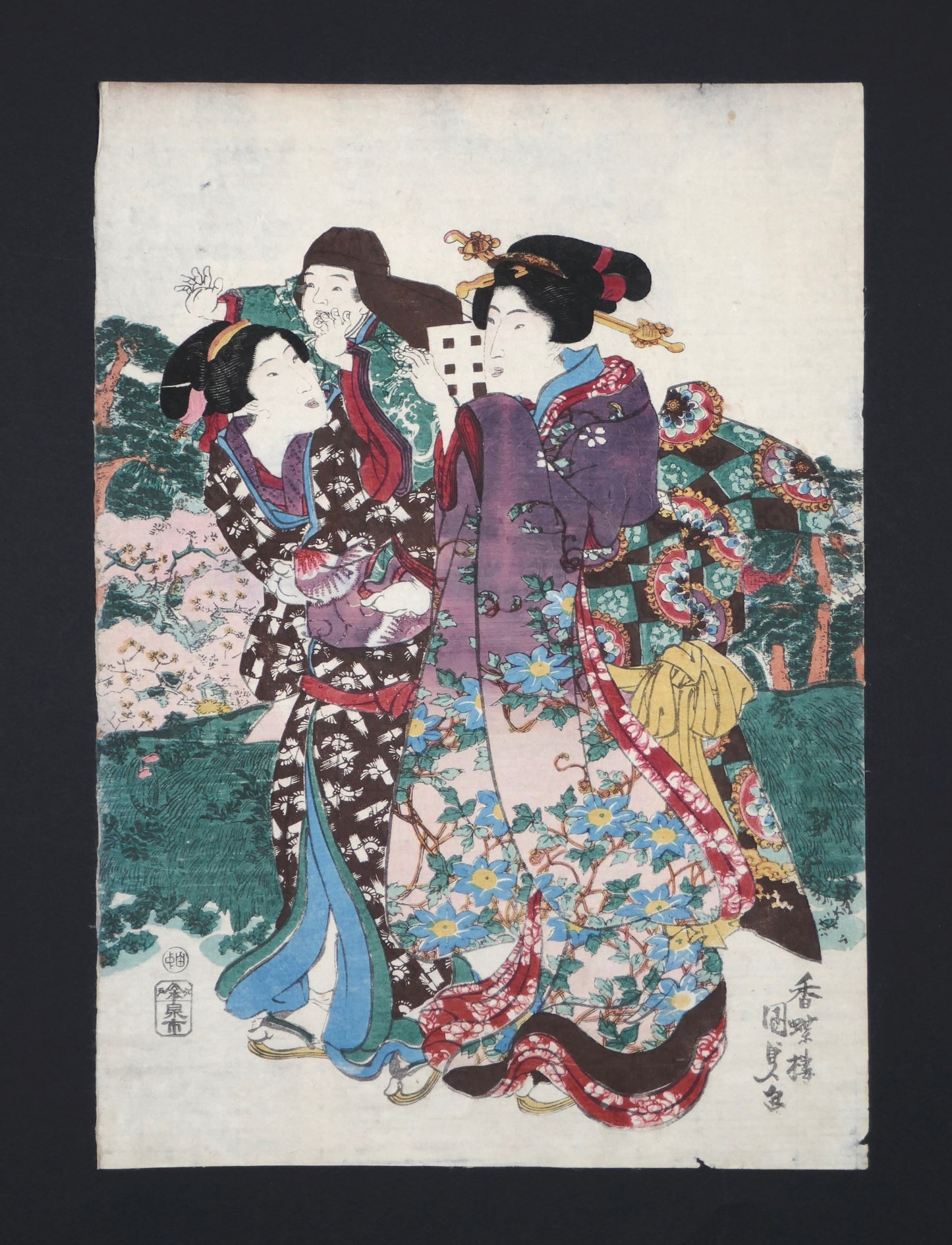 Véritable ukiyo-e original de Kunisada Toyokuni III au format oban tate-e, scène de femmes en kimono portant un enfant