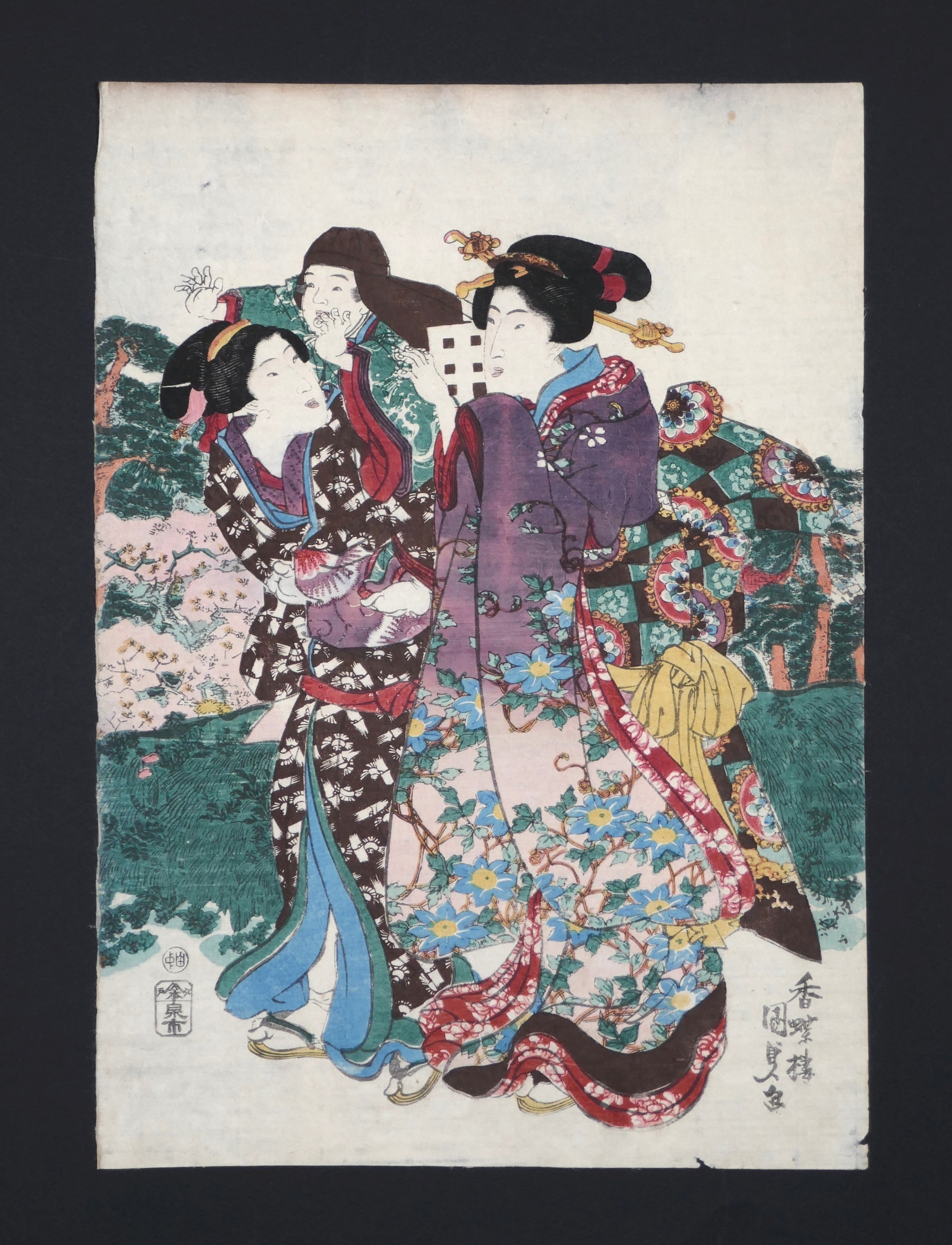Véritable ukiyo-e original de Kunisada Toyokuni III au format oban tate-e, scène de femmes en kimono portant un enfant