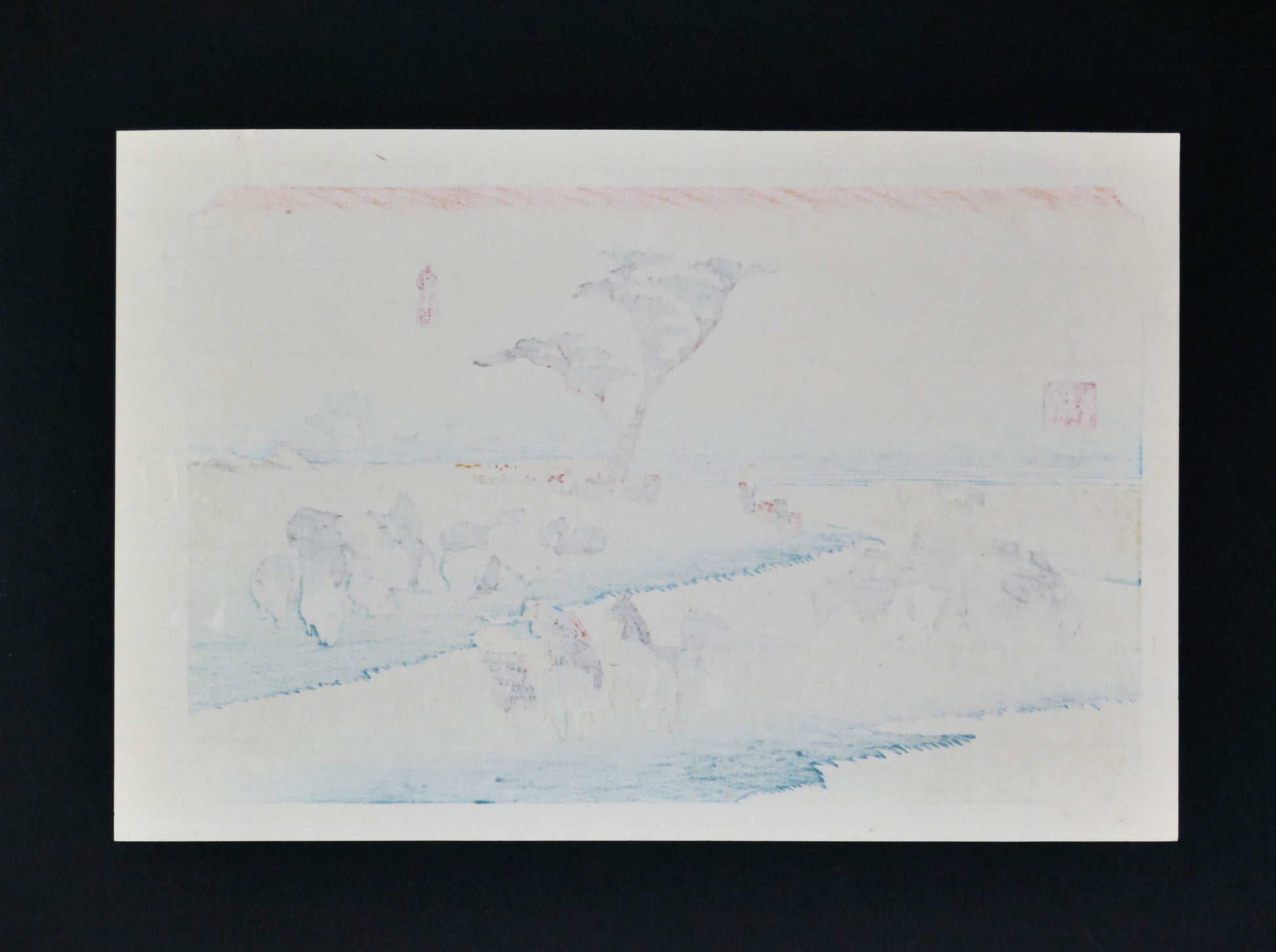 Verso de l’estampe Hiroshige Chiryū, réédition Shōwa sur papier japonais avec transparence des pigments