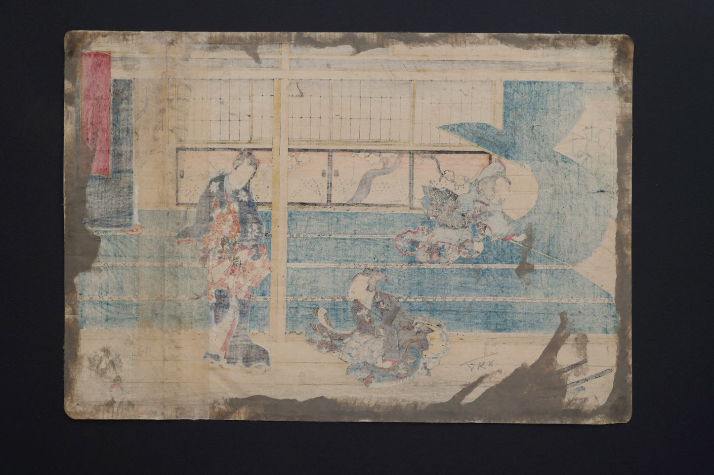 Verso de l’estampe japonaise ancienne de Kunisada, montrant l’état du papier, l’usure et les traces du temps