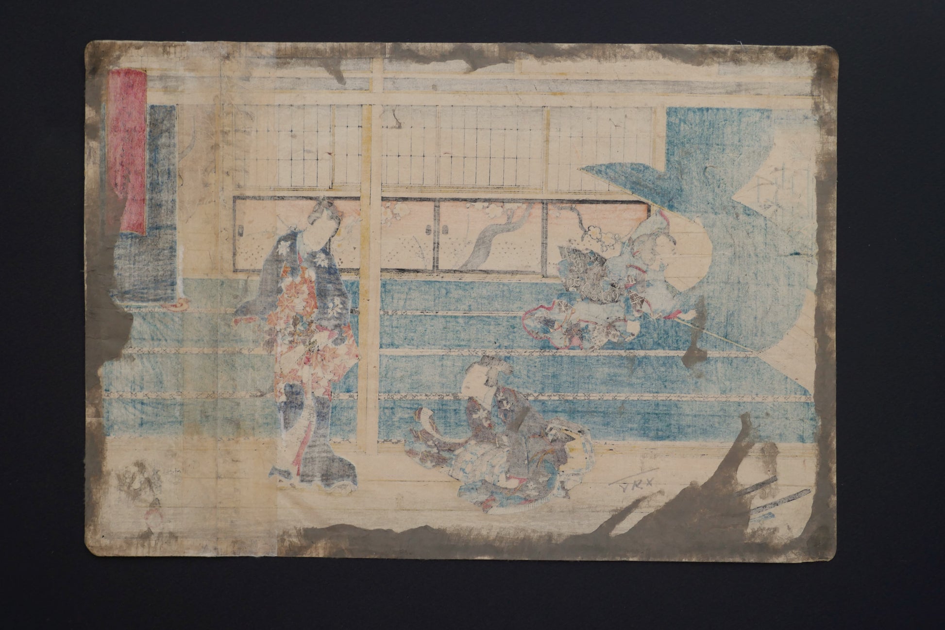 Verso de l’estampe japonaise ancienne de Kunisada, montrant l’état du papier, l’usure et les traces du temps