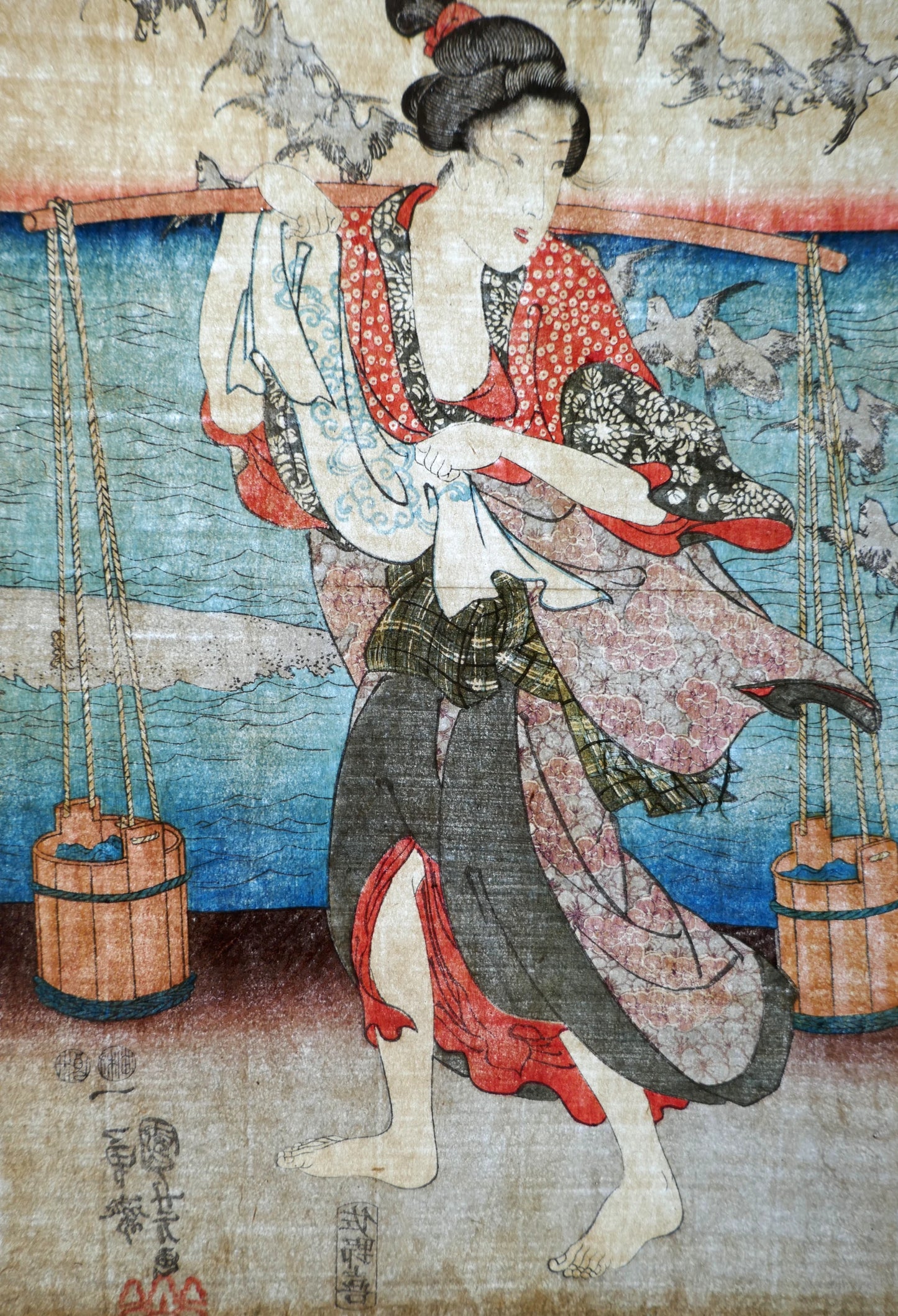 Verso d’estampe japonaise Edo observé sous lumière intense révélant la trame et les fibres du papier washi ancien