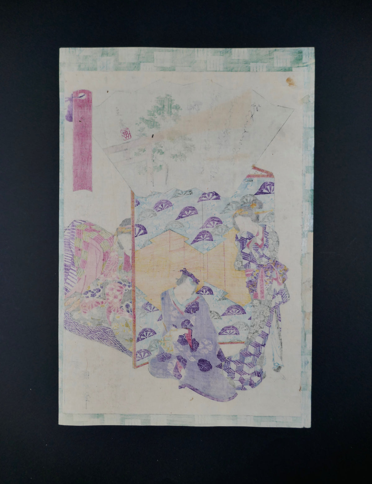 Verso d’une estampe japonaise originale de Kunisada II et Hiroshige II, Sakaki du Genji Monogatari, nishiki-e de 1864 avec transparence des pigments sur papier japonais