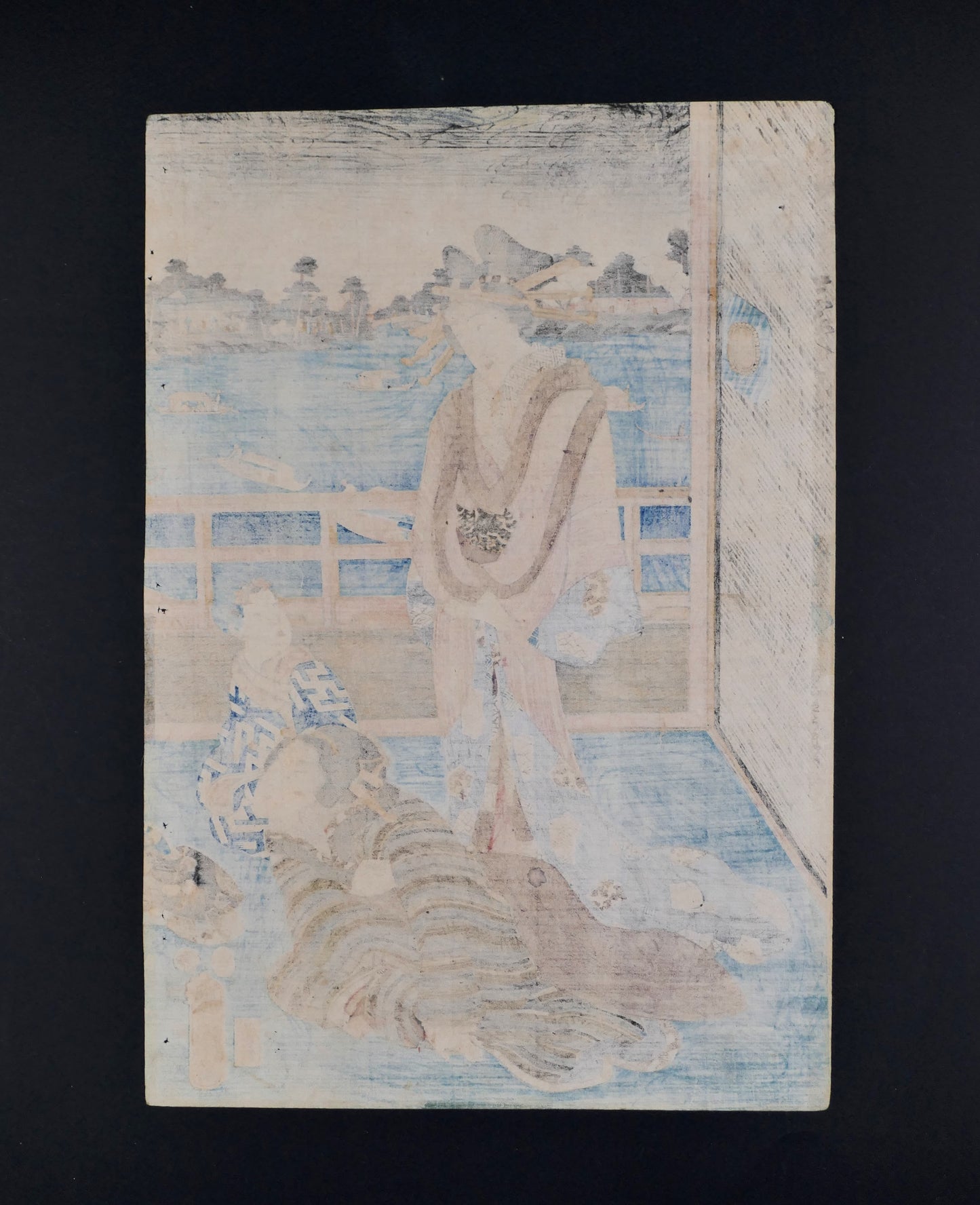 Verso d’une estampe japonaise originale ukiyo-e de Kunisada Toyokuni III, impression ancienne sur papier washi, époque Edo 1856.