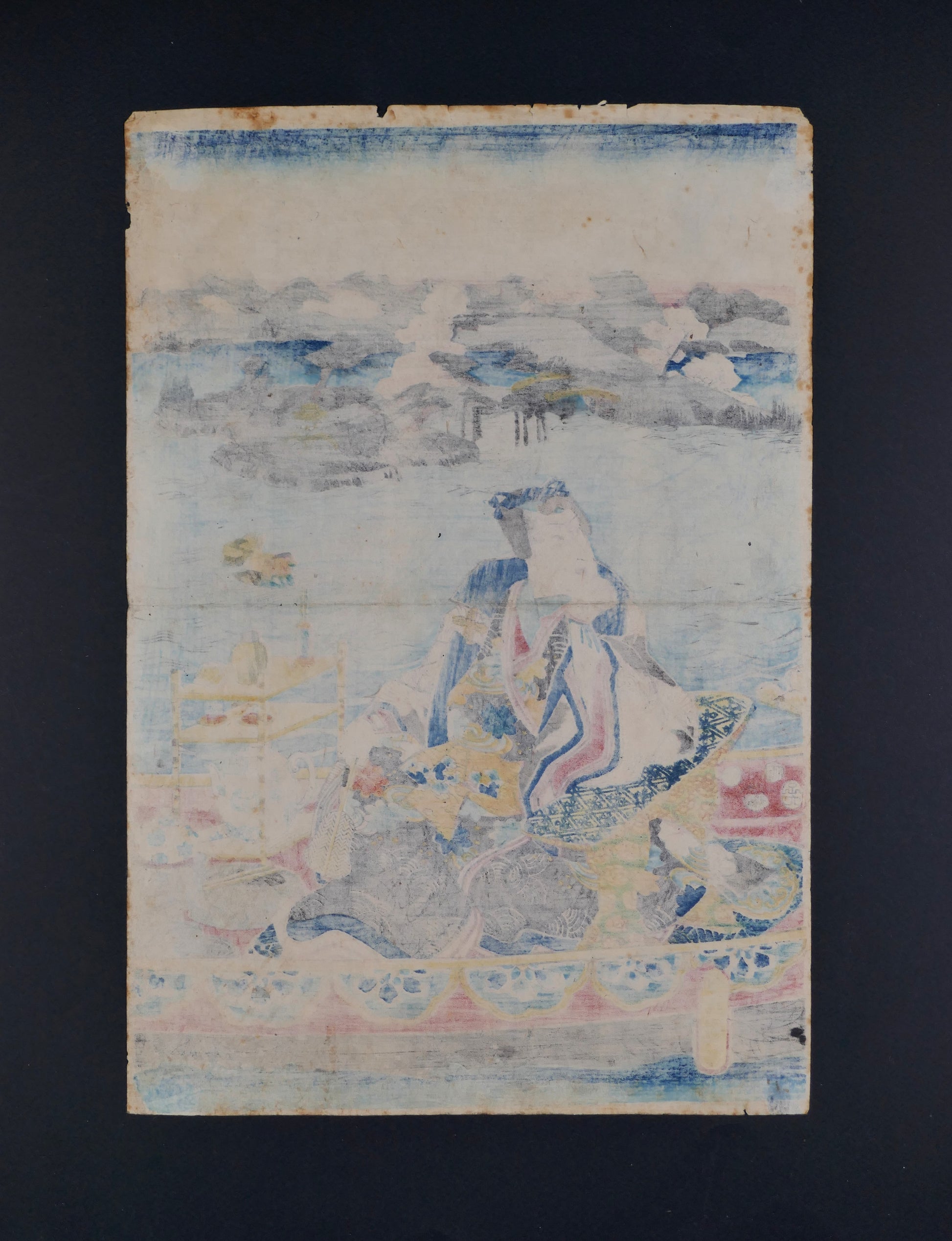 Verso de l’estampe japonaise originale de Toyokuni III montrant le papier ancien et les pigments