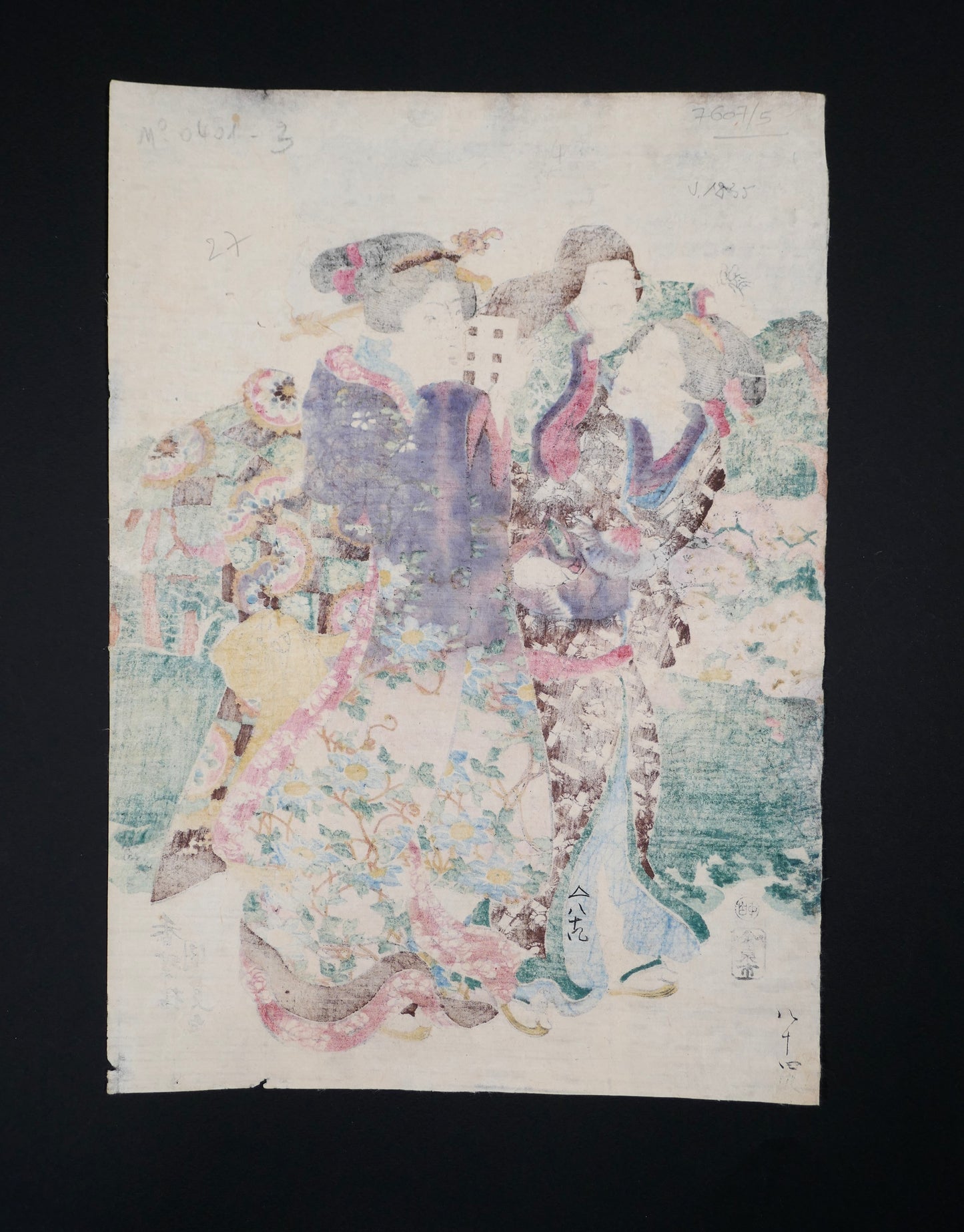 Verso d’une véritable estampe japonaise originale de Kunisada Toyokuni III, papier ancien d’époque Edo avec traces et annotations